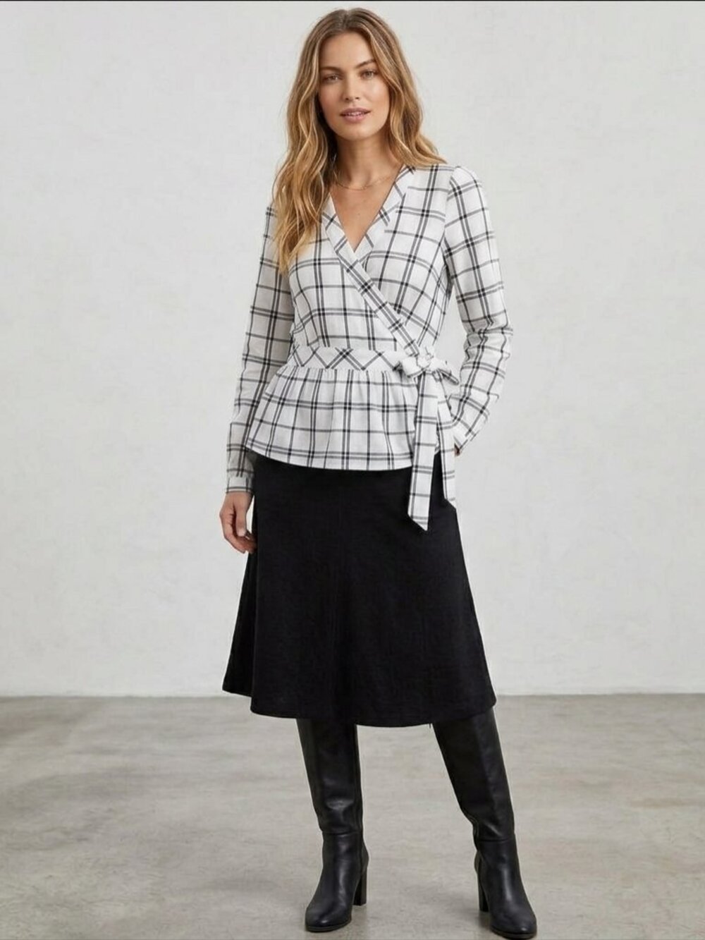 GAP Black & White Plaid Wrap Blouse with Peplum Waist Size XS